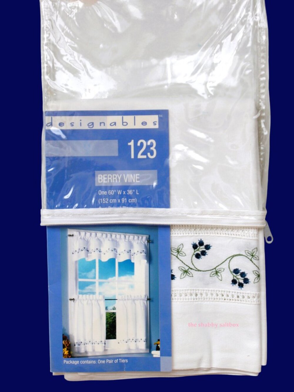 Designables Berry Vine Tier Curtains 60x36 Crisp White & Blue Embroidered Cotton